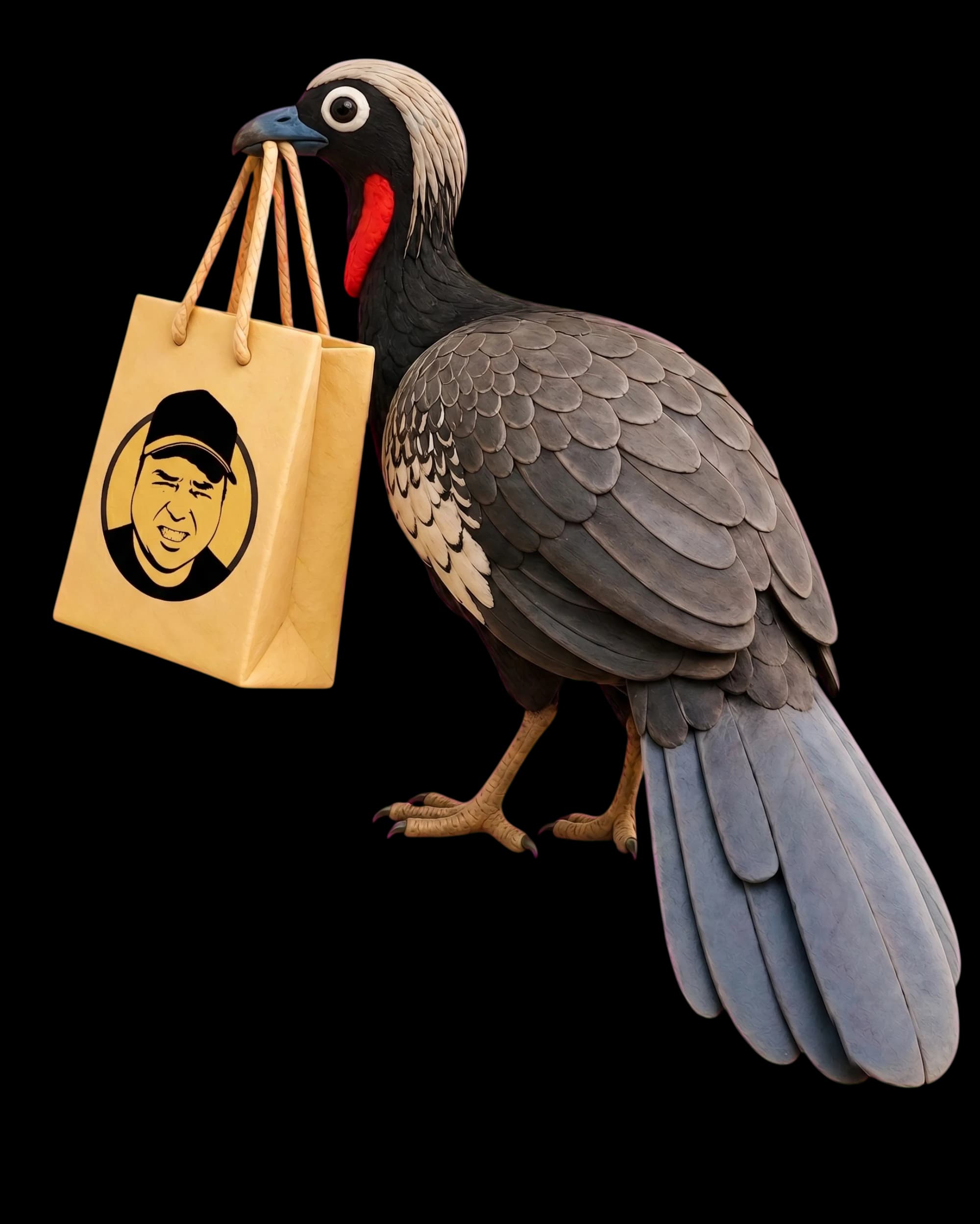 Claymation bird carrying a designer shopping bag with the Ryan Deame face logo