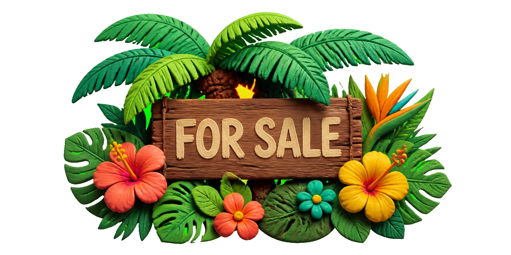 For Sale sign nestled in tropical claymation jungle leaves and flowers